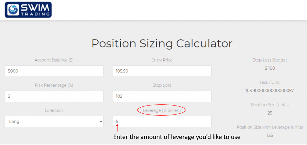 Key in your desired leverage amount here in the Position Sizing calculator