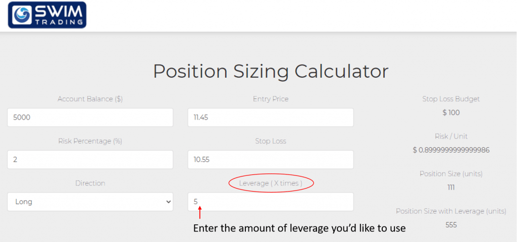 Key in your desired leverage amount here in the Position Sizing calculator